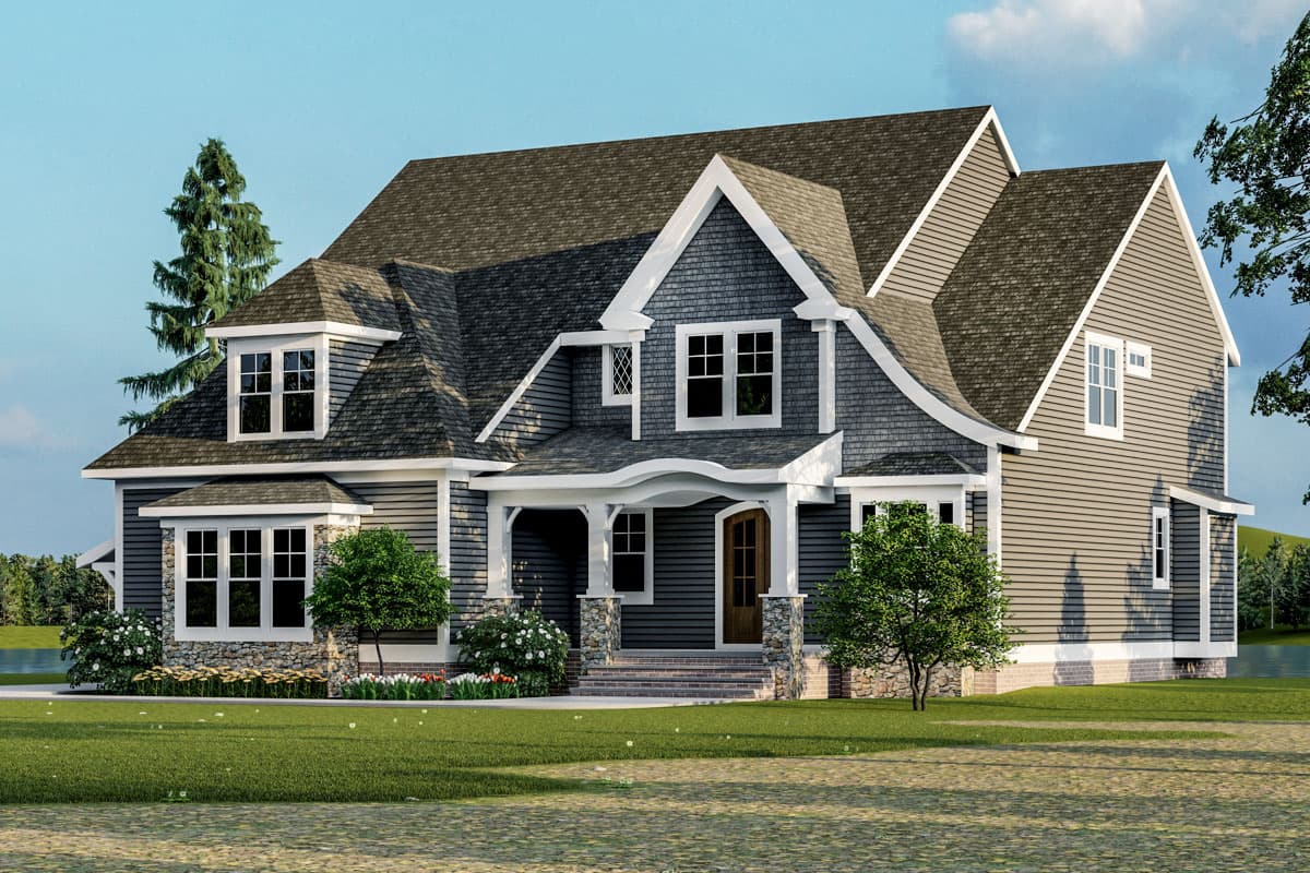 House plan exterior showing a two-story home with varied rooflines, multiple gables, a covered entry porch, dormers, and stone accents.