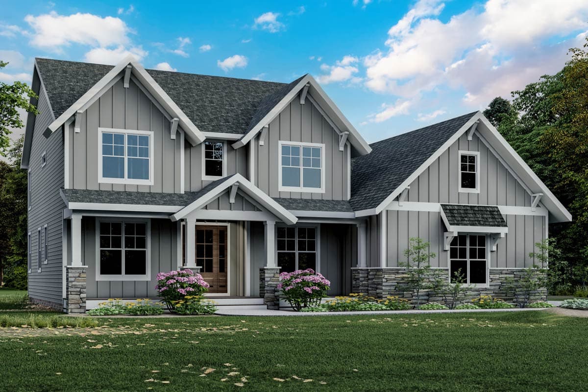 House plan exterior featuring a two-story Modern Farmhouse design. Includes gabled rooflines, a covered front porch, and stone accents.