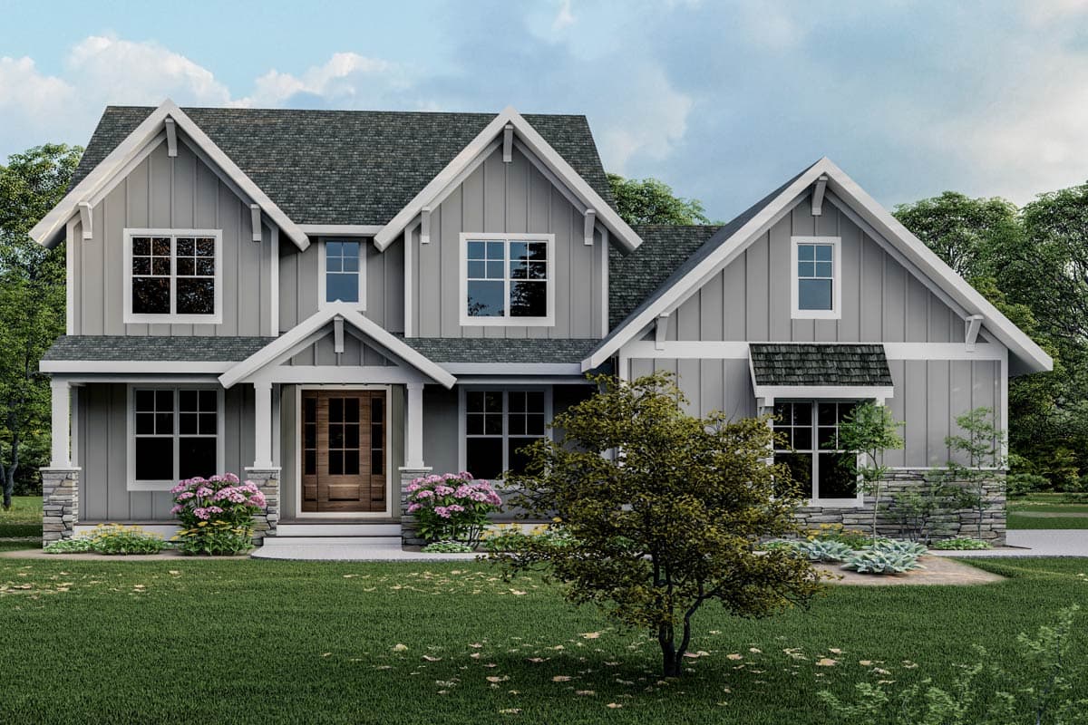 Modern Farmhouse style house plan exterior with board and batten siding, multiple gables, covered porch with stone columns, and stone foundation.