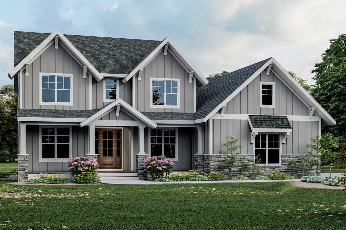 House plan exterior: Modern Farmhouse style, two stories, with board-and-batten siding, stone accents, multiple gables, and a covered front porch.