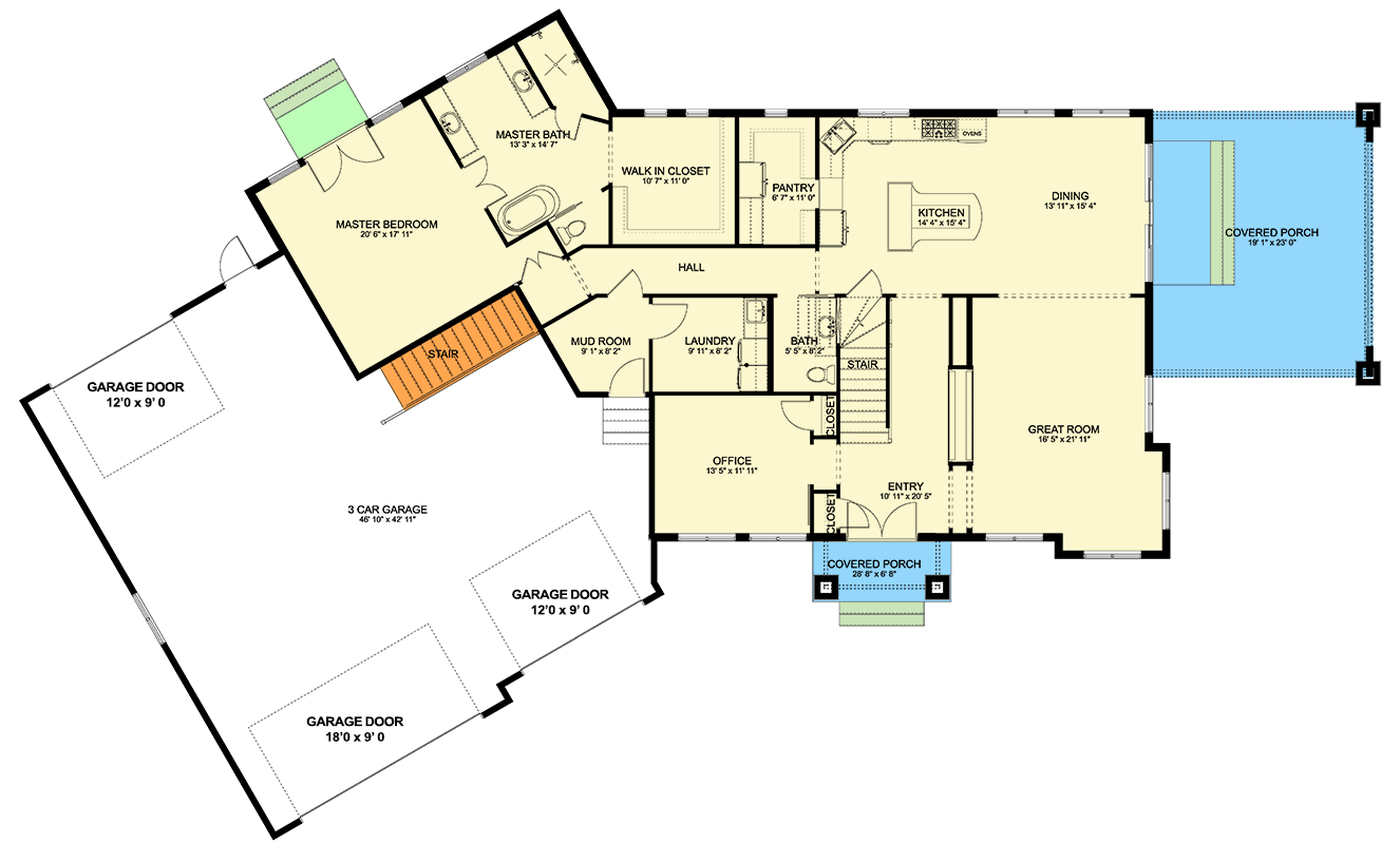 Plan 61537UT: 3-Bed Traditional House Plan with Oversize Angled 5-Car Garage - 3270 Sq Ft - Floor Plan - Main Level - Spanish, Traditional, Transitional
