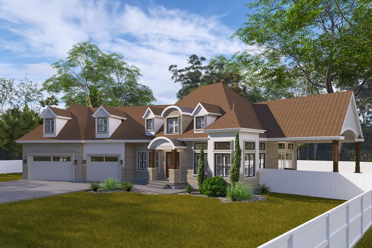 House plan exterior: Modern Farmhouse style, two stories, featuring a dual garage, dormers, arched entry, and a porte-cochère.