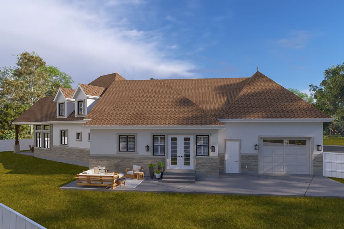 House plan exterior: Two-story home with a gabled roof, dormers, covered porch, stone accent siding, and a two-car garage.