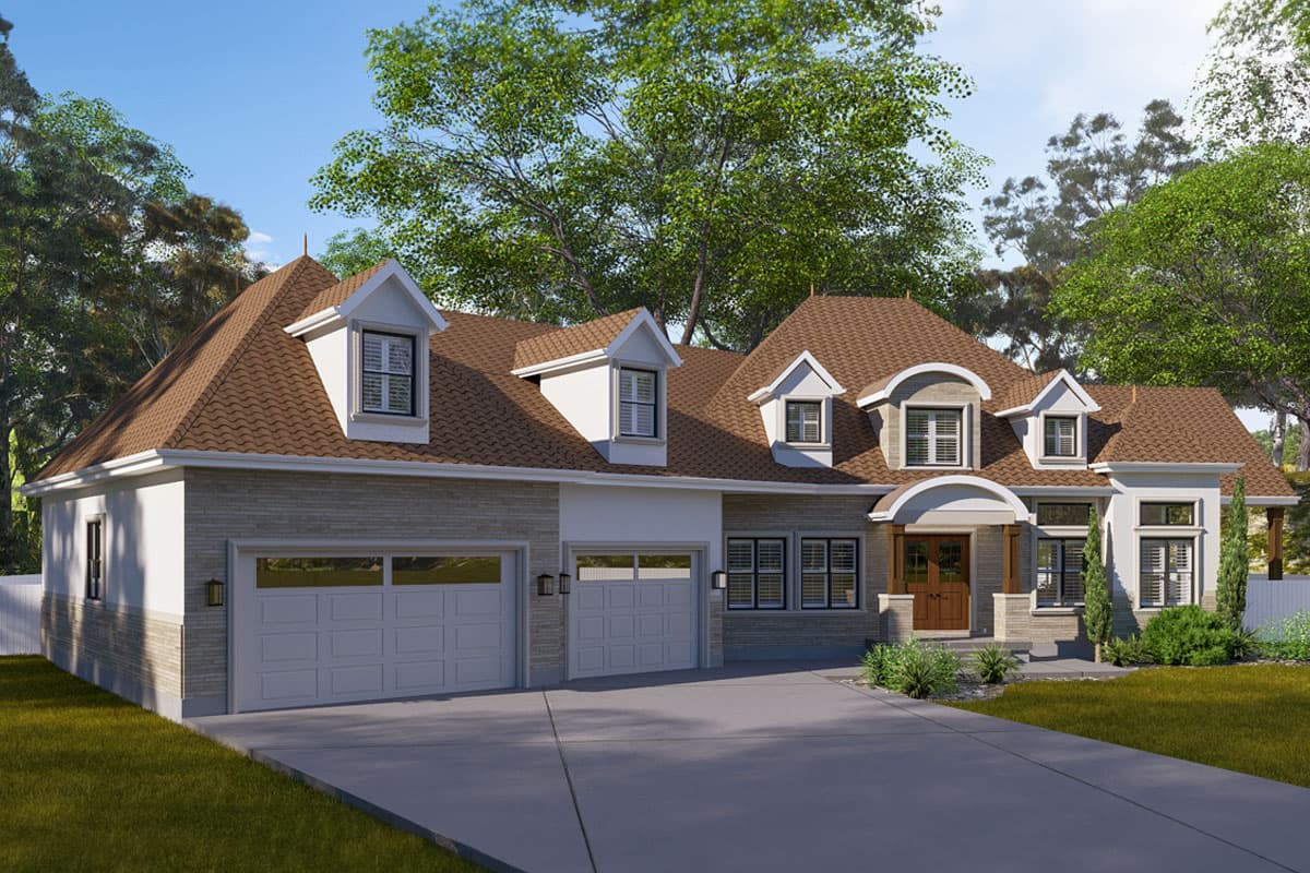 House plan exterior with a prominent hip roof, multiple gables, a covered entrance, and a triple-bay garage.