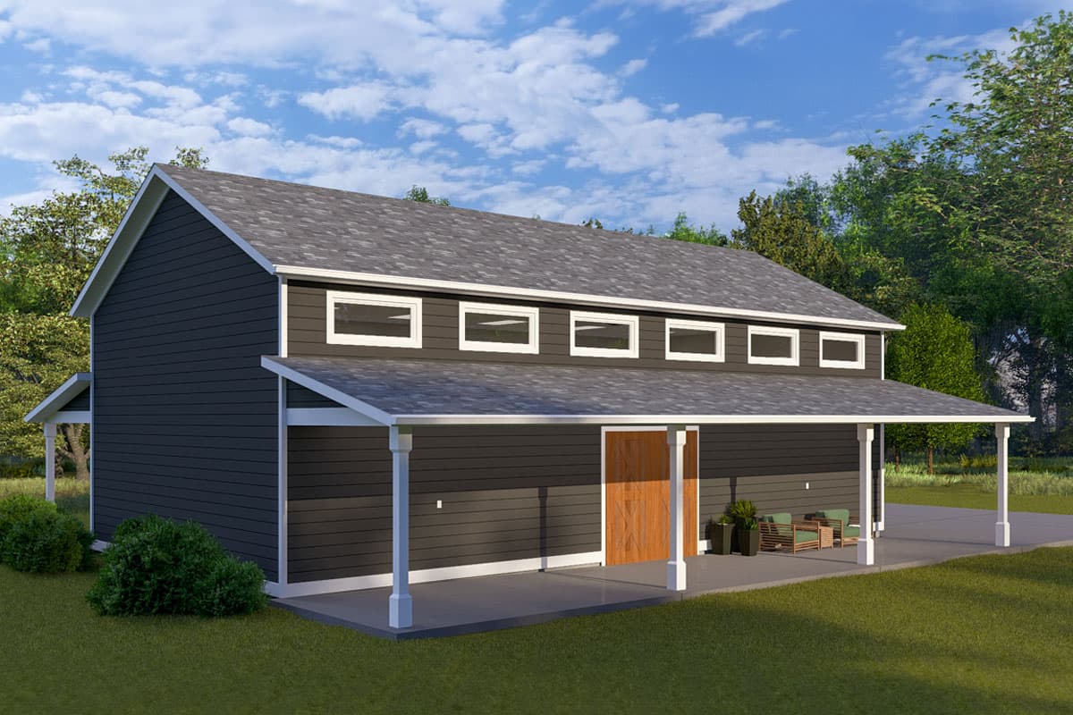 Modern style house plan exterior with a covered porch, gable roof, and horizontal siding. Two stories visible with clerestory windows.