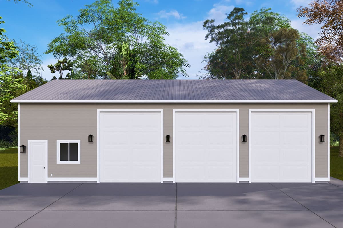 House plan exterior with a simple gable roof, three garage doors, one pedestrian door, and one window.