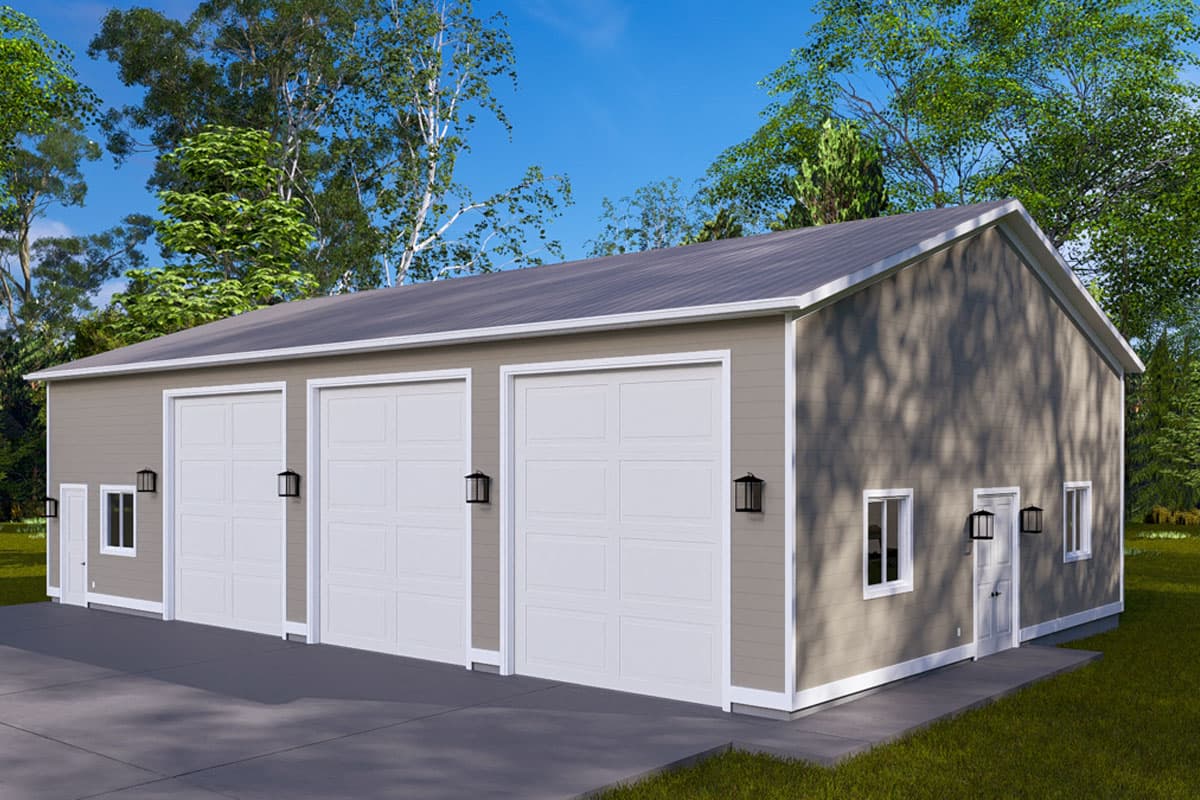 Three-bay garage house plan exterior with three overhead doors, a side entrance door, and two windows.