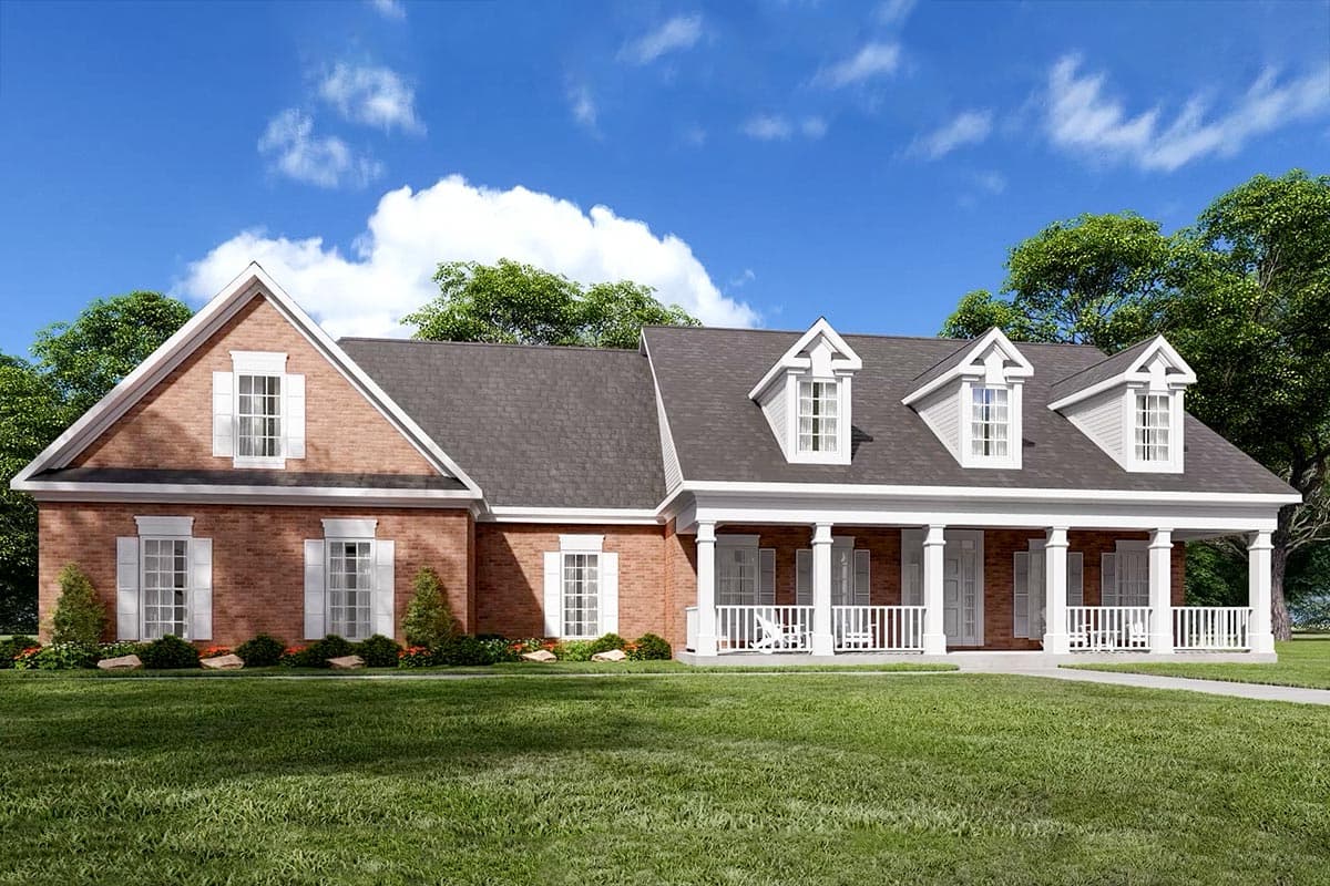 House plan exterior. Two-story Colonial with brick facade, gable roof, front porch with columns, and dormer windows.