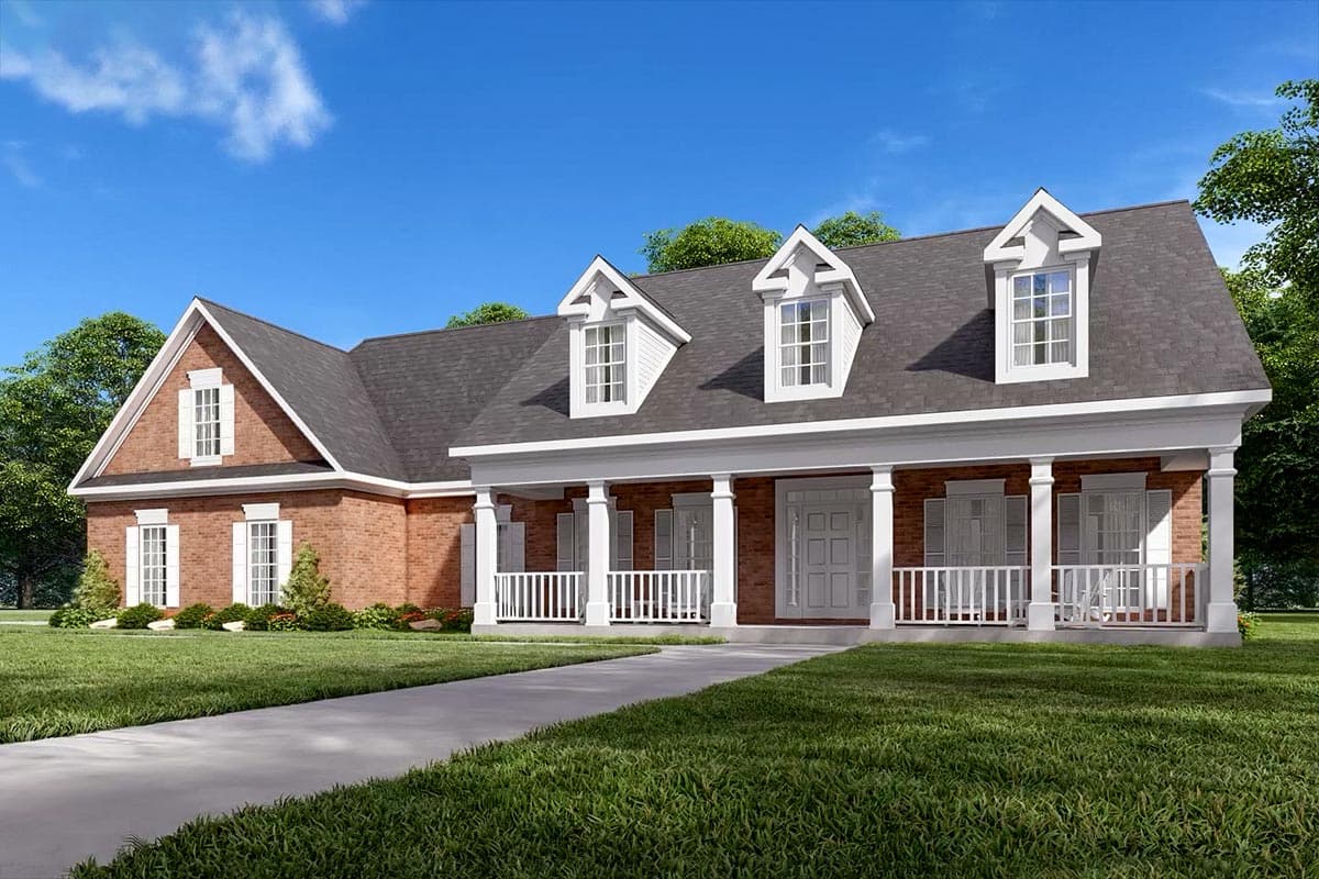 House plan exterior: Brick ranch with full-width covered porch, columns, white railing, and dormer windows.