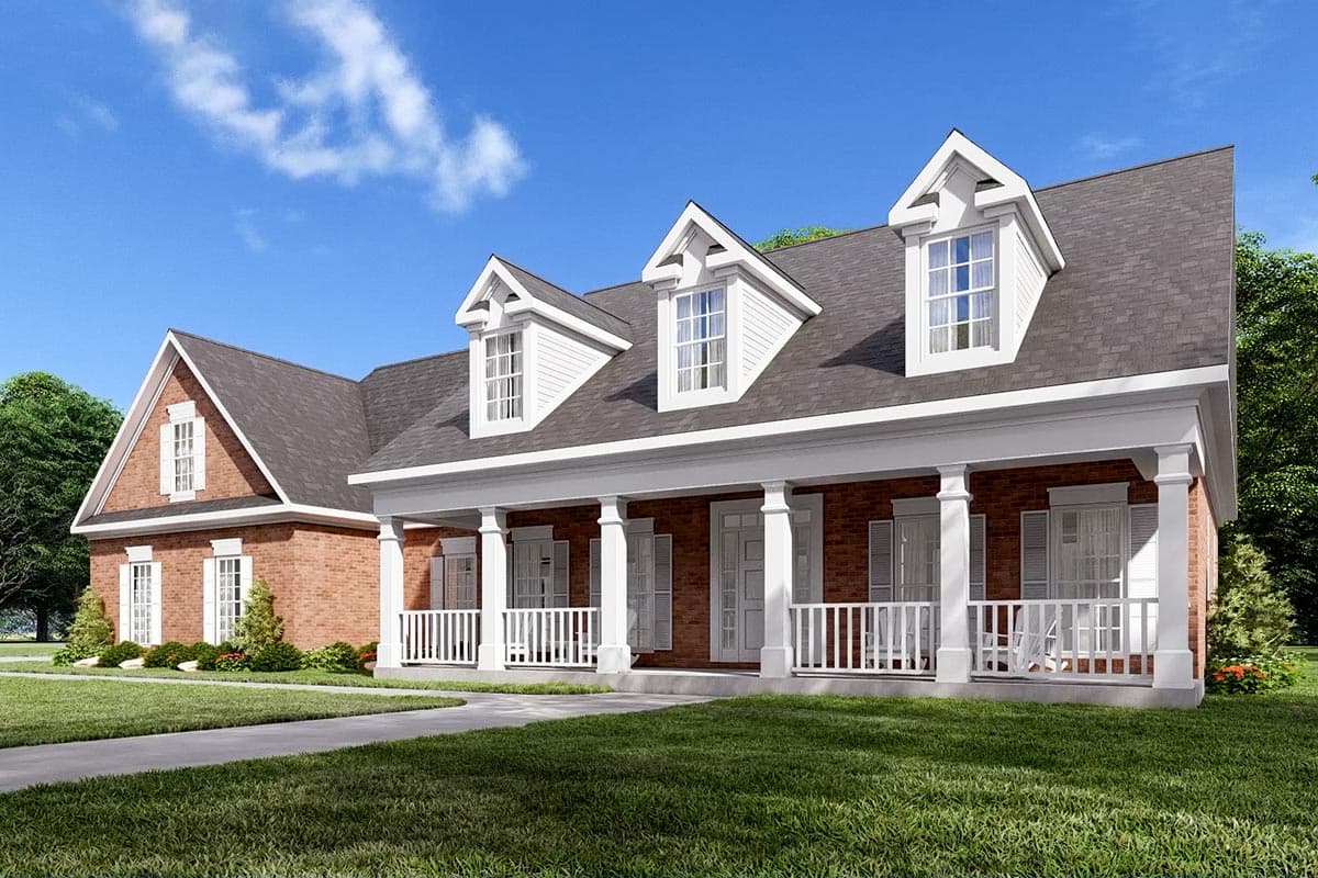 House plan exterior: Brick two-story home with a long wraparound porch, multiple gables, and dormer windows.