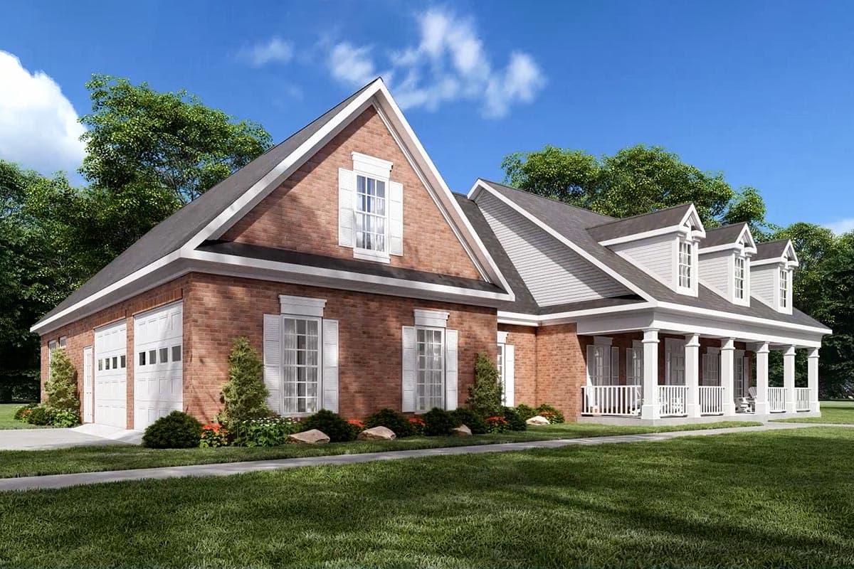 House plan exterior: Brick two-story home with a three-car garage, gables, dormers, and a covered front porch with columns.