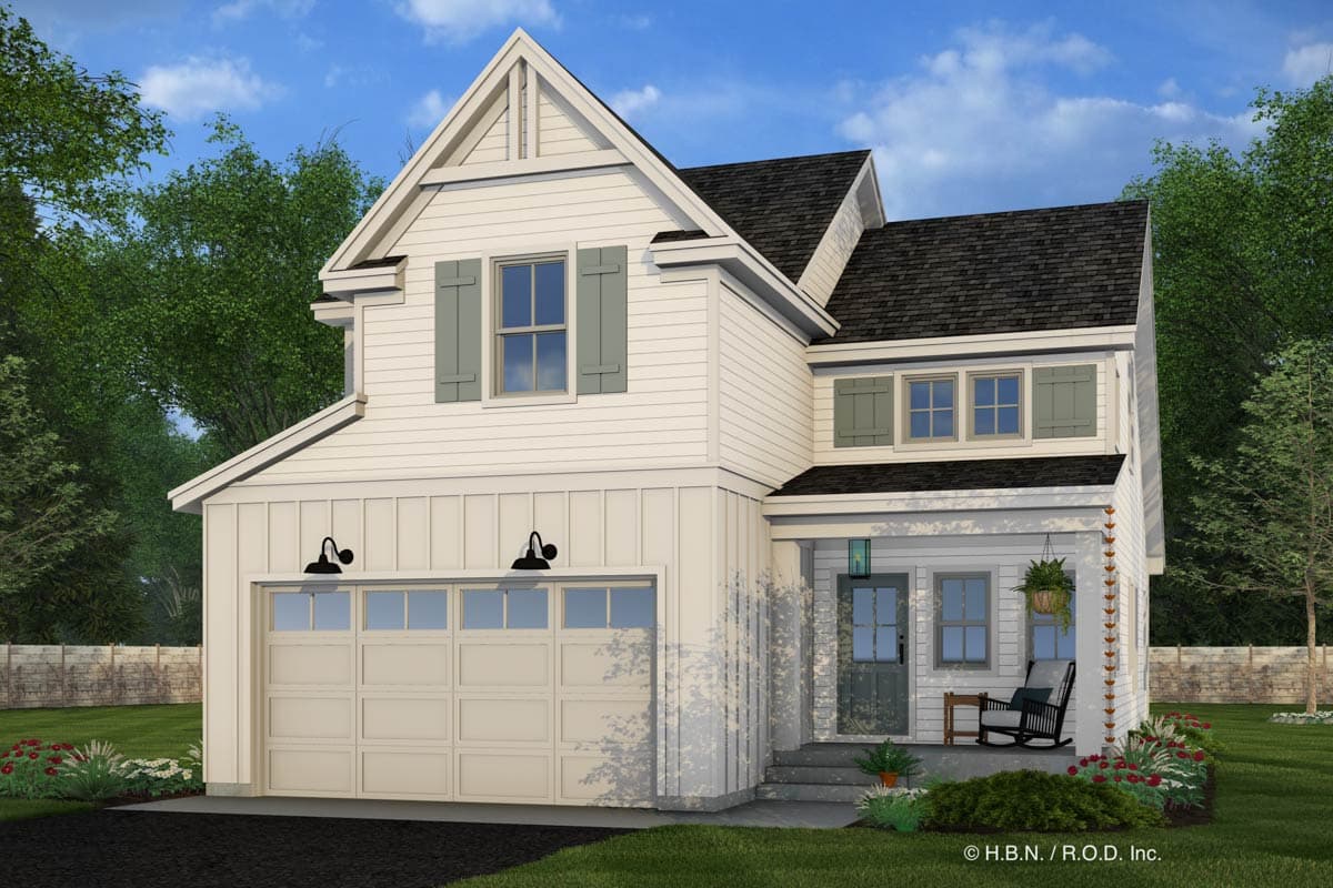 Modern farmhouse house plan exterior with two stories, board and batten siding, gables, and front-facing garage.