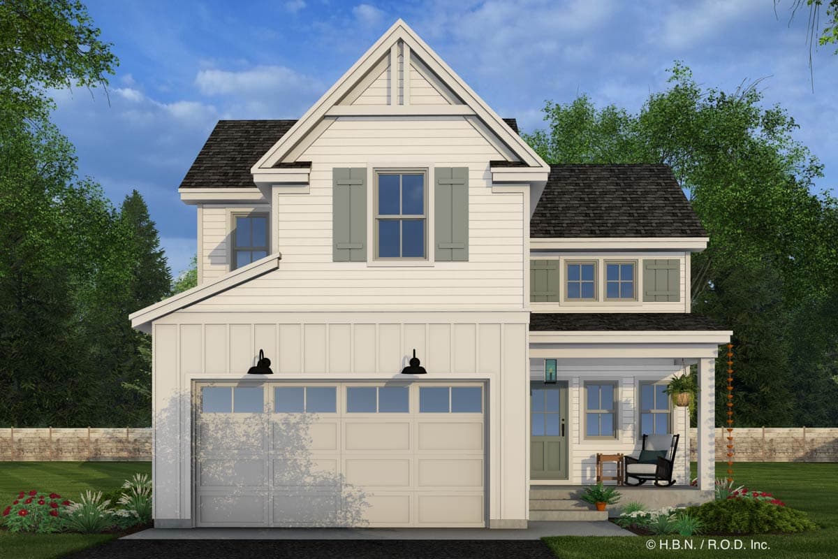 House plan exterior: two-story Modern Farmhouse with a front-facing garage, gable dormer, and covered front porch.