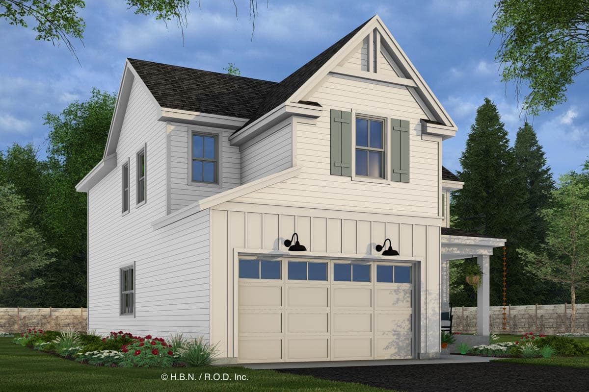 Modern Farmhouse house plan exterior, two stories, with a detached garage, gable end, and covered porch.