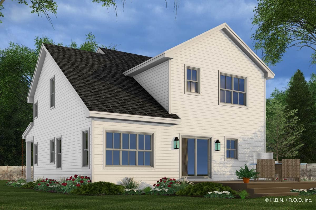 House plan exterior: Two-story Modern Farmhouse with gabled roof, white siding, multiple windows, and sliding glass doors to a deck.