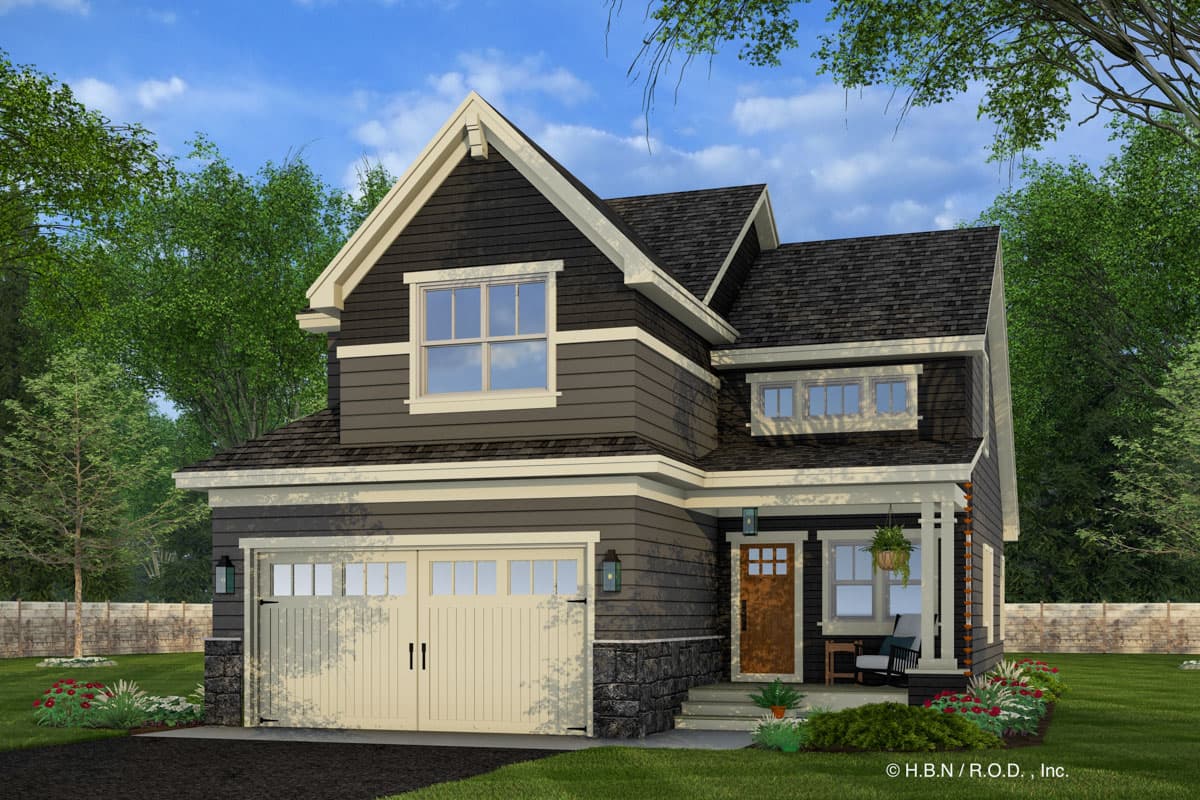 House plan exterior. Two-story Craftsman home with a gabled roof, dormers, and a covered porch. Features an attached garage and stone accents.
