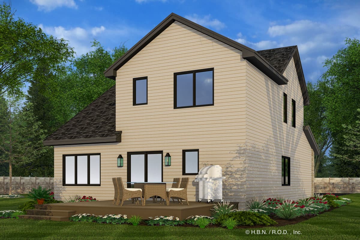Two-story house plan exterior with tan siding, dark-trimmed windows, gable roof, deck, and exterior lighting.