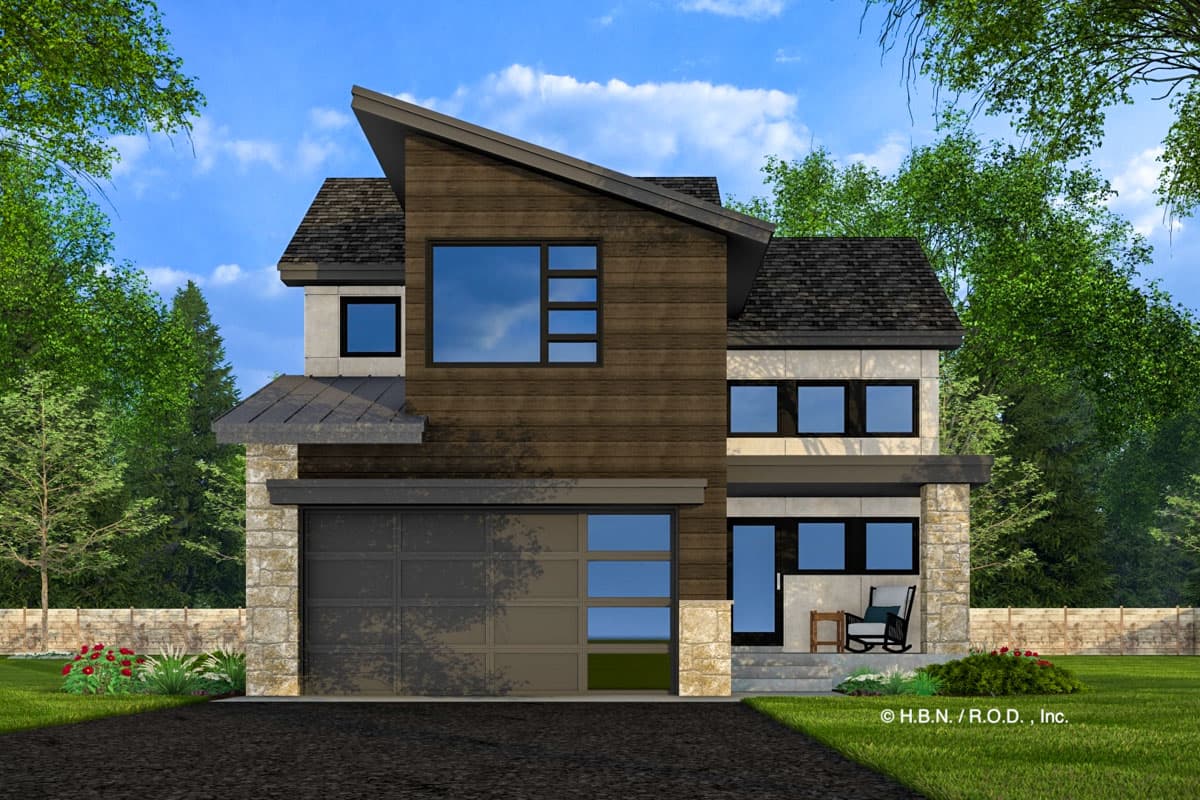 House plan exterior: Modern two-story with asymmetrical rooflines, wood siding, stone accents, and multi-panel garage door.