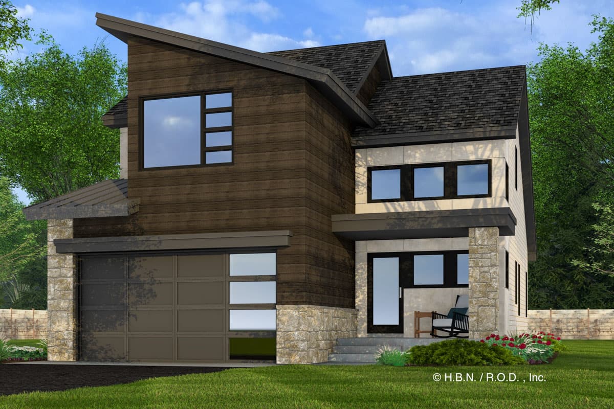 House plan exterior with two stories, a contemporary style, a shed roof, and stone accents. Features a two-car garage and a small front porch.