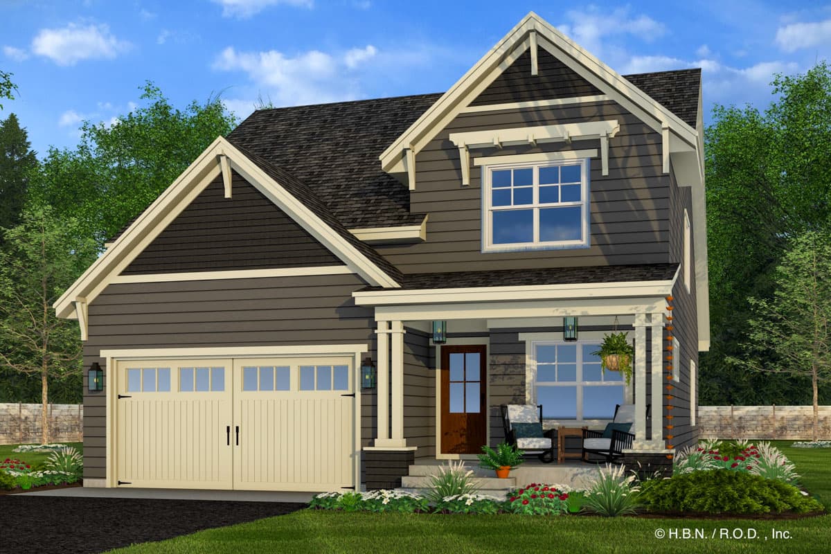 Two-story Craftsman house plan exterior with a front-facing garage, covered porch with columns, and prominent gables.