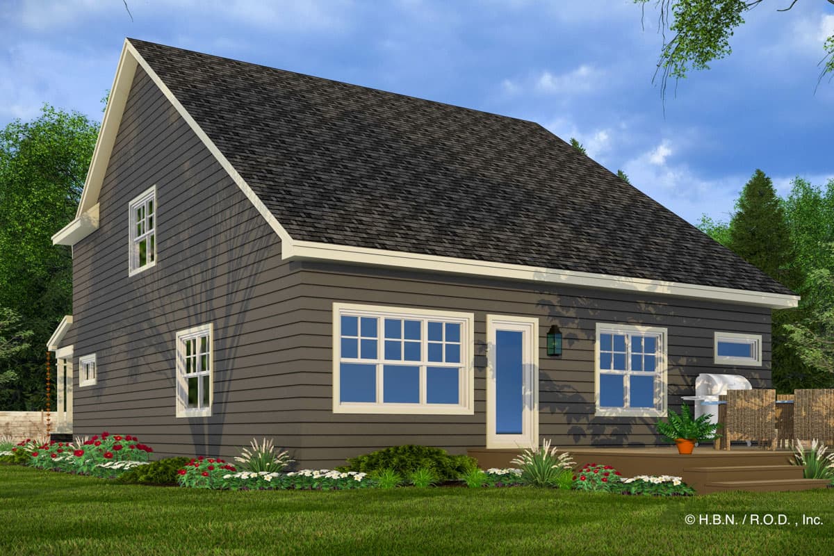 House plan exterior: Two-story Modern Farmhouse with gabled roof, vinyl siding, multiple windows, and a side deck.