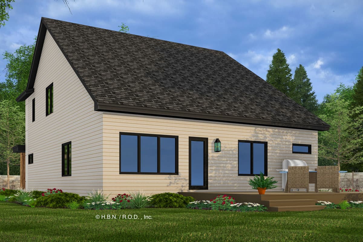 House plan exterior: Two-story home with gabled roof, horizontal siding, multiple large windows, and a deck.