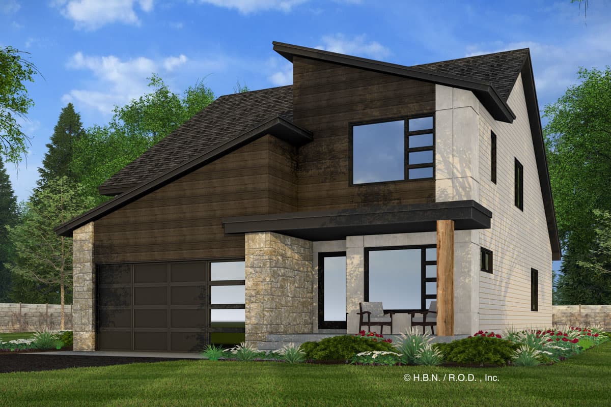 Modern house plan exterior with a prominent asymmetrical roofline, wood siding, stone accents, and a two-car garage.