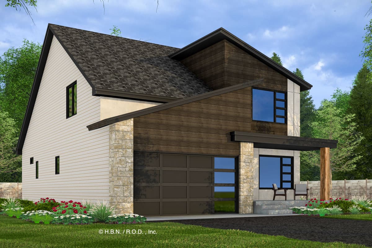 Modern two-story house plan exterior with stone accents, dark wood siding, gabled roof, and a multi-pane garage door.