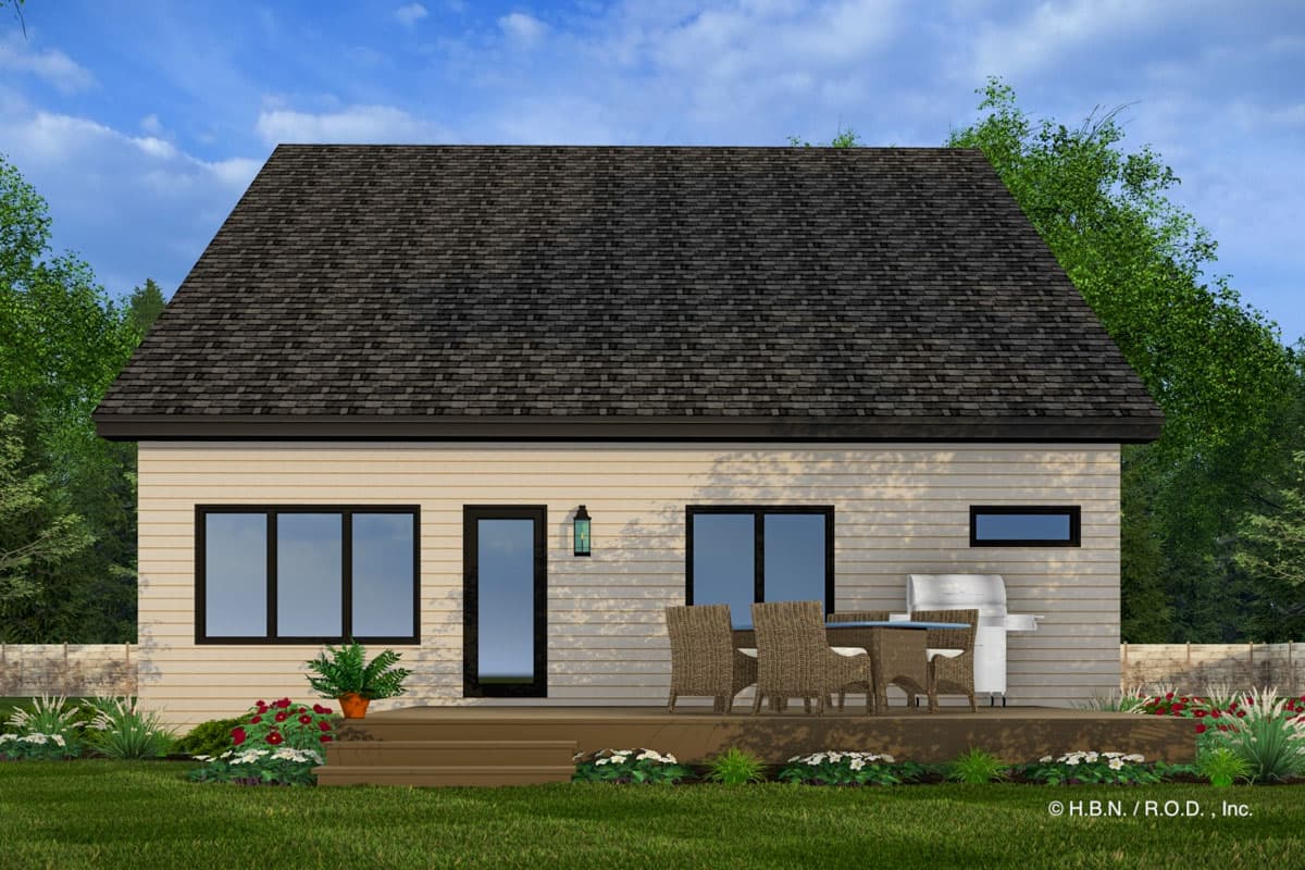 House plan exterior: Two-story Modern style with a steep gable roof, horizontal siding, deck, and prominent windows.
