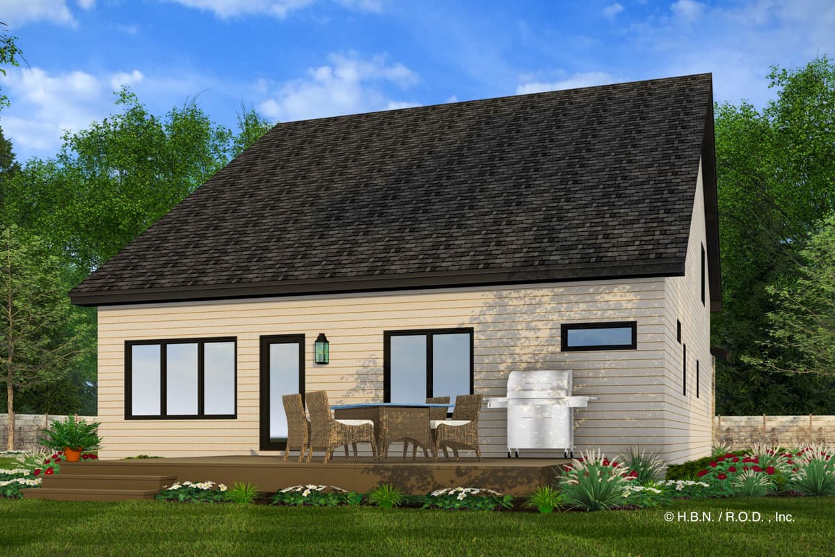House plan exterior: Modern style, one-and-a-half stories, featuring a steeply pitched dark roof and horizontal siding.