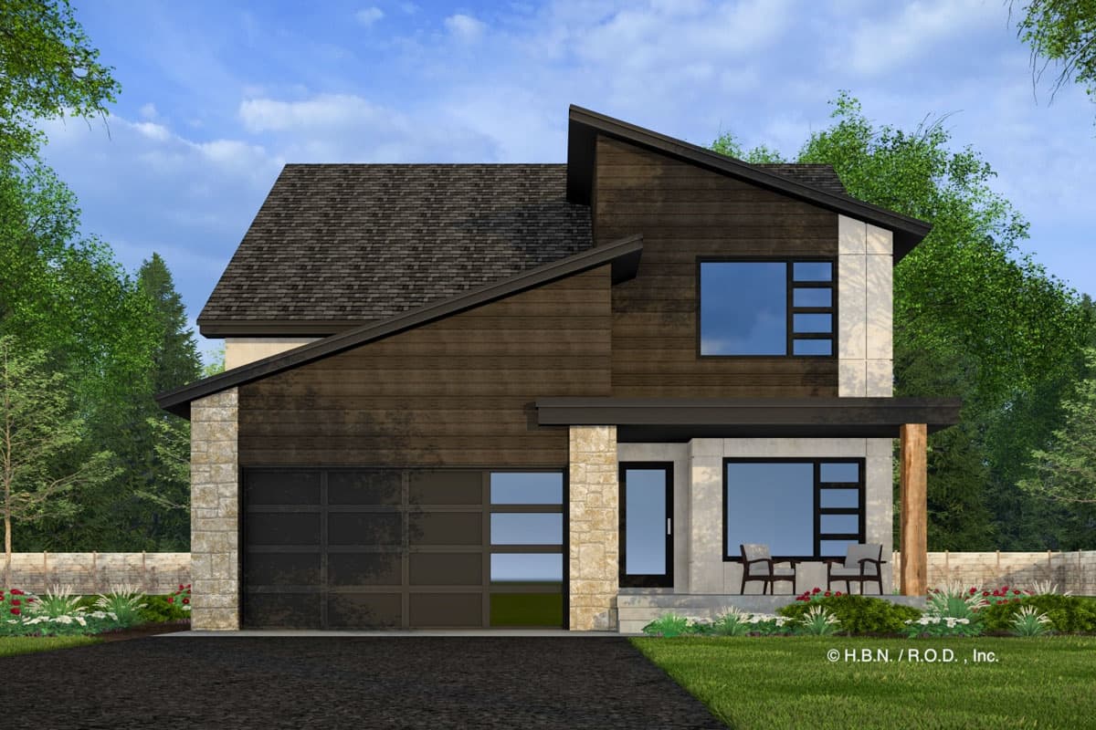 House plan exterior. Modern style, two-story home with a garage. Features include mixed siding, an asymmetrical roofline, and a covered front entry.