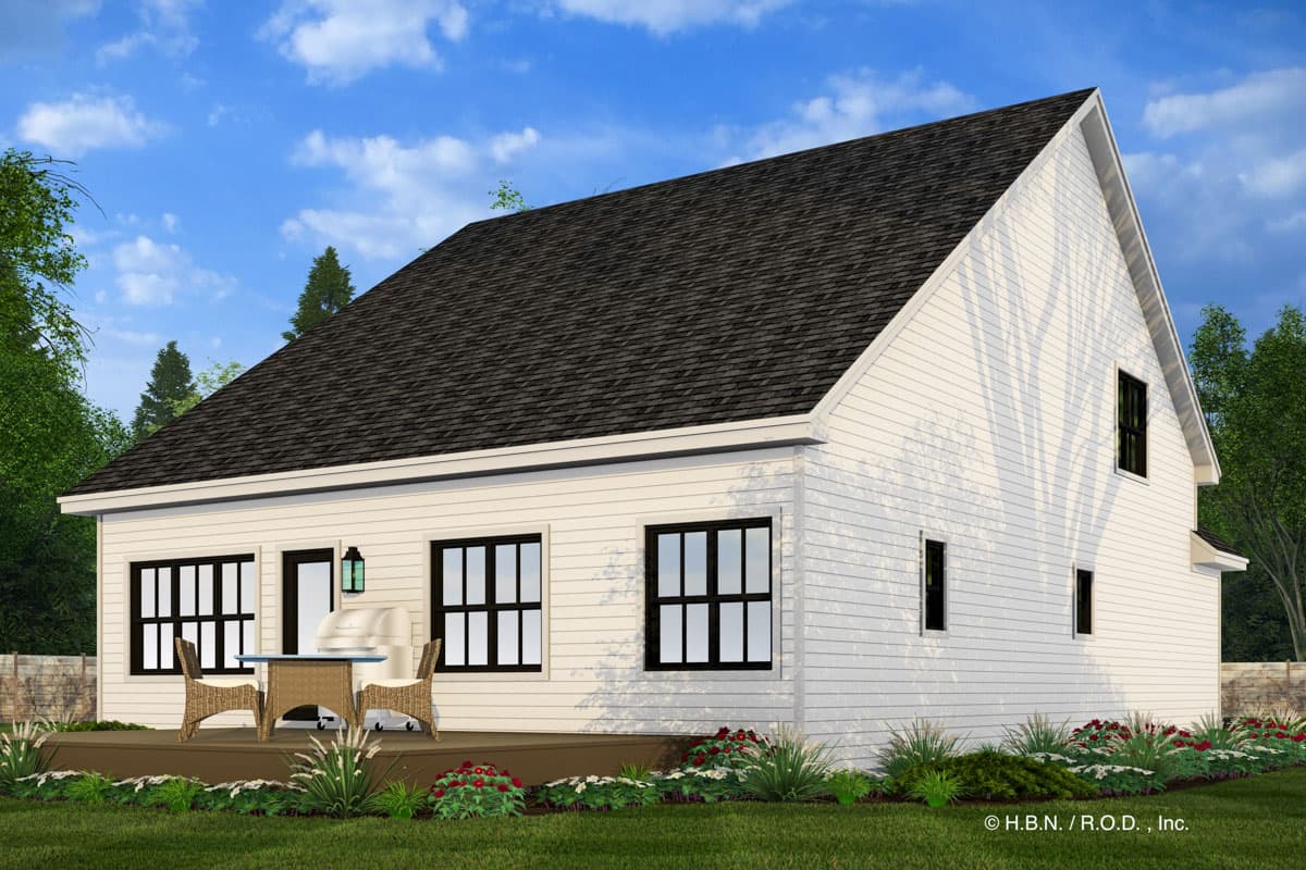 House plan exterior: Modern farmhouse style, two stories, dark-shingled gable roof, white siding, and multiple dark-framed windows.