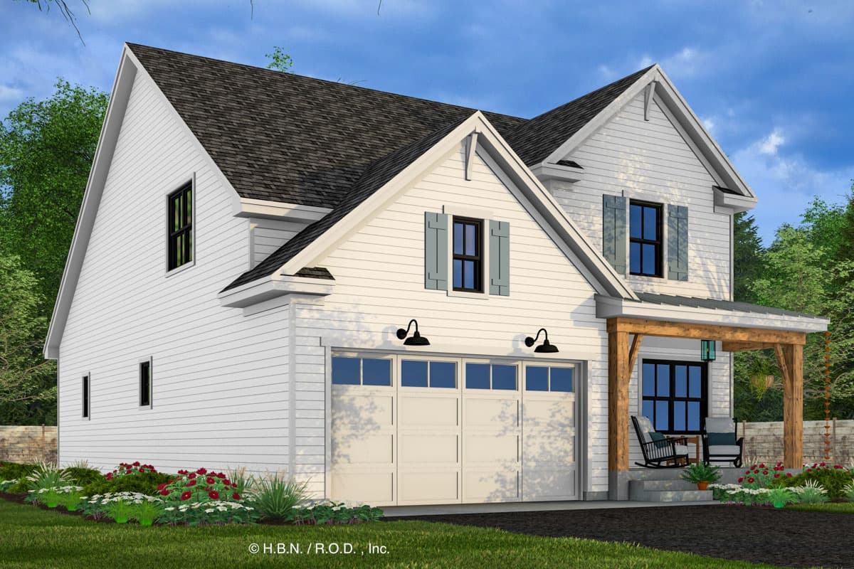 House plan exterior: Modern Farmhouse style, two stories, white siding, gable roof, attached garage, covered porch with wood beams.