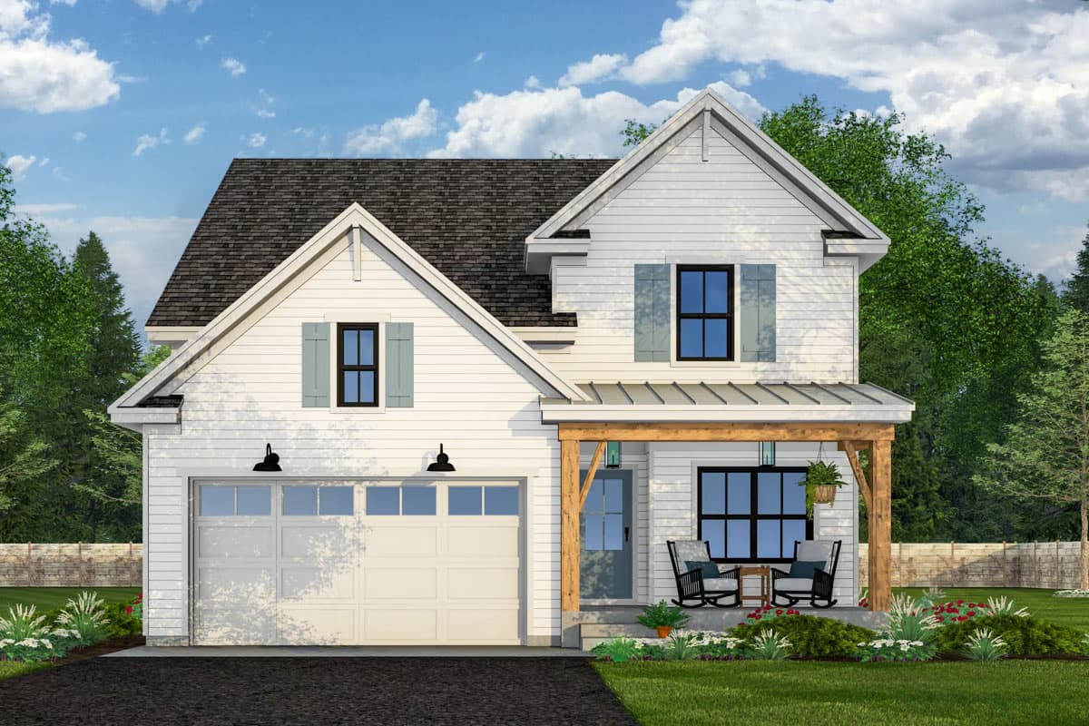 Two-story farmhouse exterior with a front-facing garage. Features include gabled rooflines, a covered porch, and blue shutters on the windows.