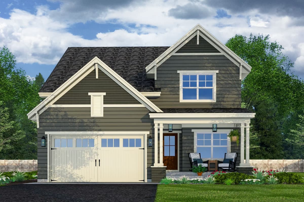 House plan exterior. Two-story Craftsman home with a gabled roof, front porch, and two-car garage. Features include dormers and exposed rafter tails.