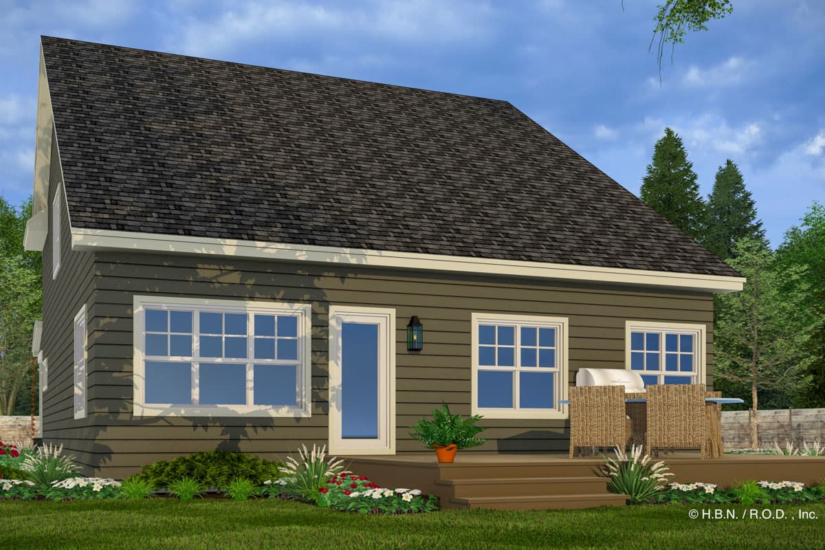 House plan exterior, one-story modern farmhouse with dark siding, asphalt roof, and a rear deck.