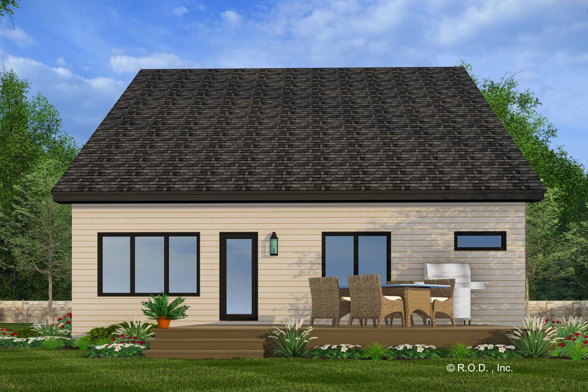 House plan exterior: One-story dwelling with a gable roof, horizontal siding, a wooden deck with outdoor dining, and a grill.