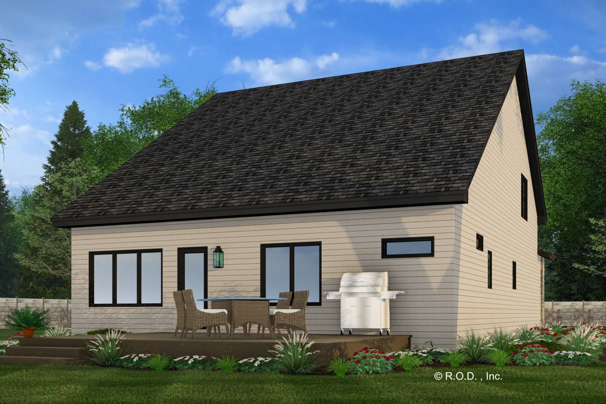 House plan exterior: Modern style, two stories, gable roof, horizontal siding, deck with furniture and grill.