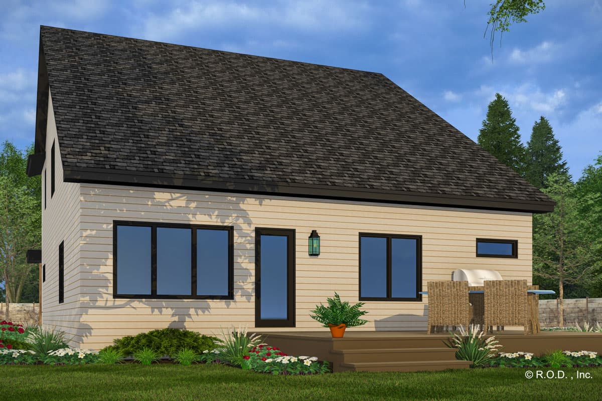 House plan exterior with a steeply pitched gable roof, horizontal siding, and multiple windows.