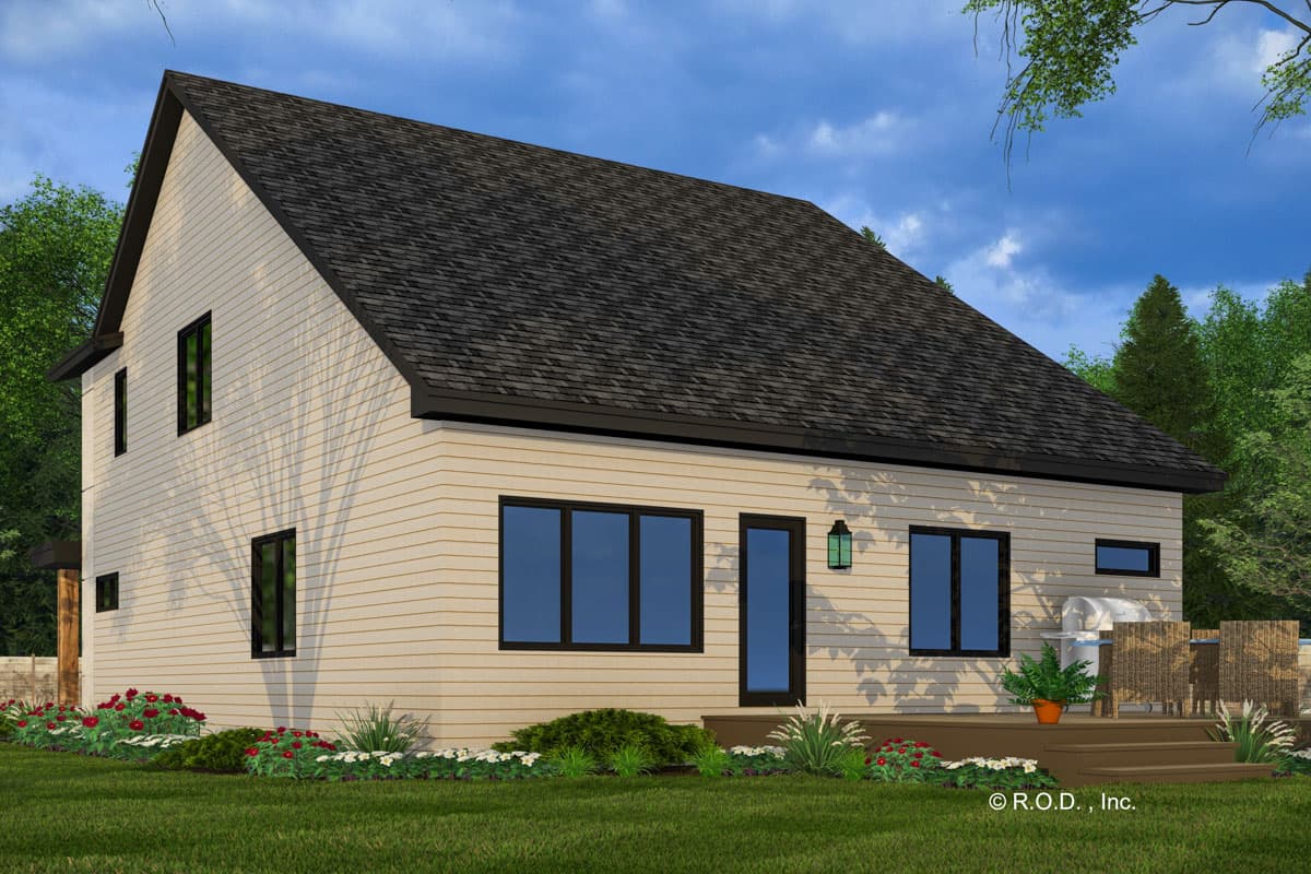 House plan exterior of a two-story modern home with horizontal siding, dark-trimmed windows, and a prominent gable roof.