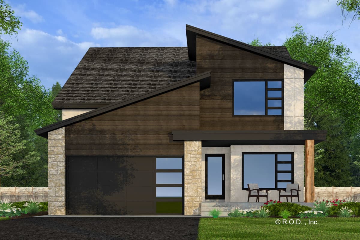 Modern two-story house plan exterior with dark wood siding, stone accents, asymmetrical rooflines, and a two-car garage.