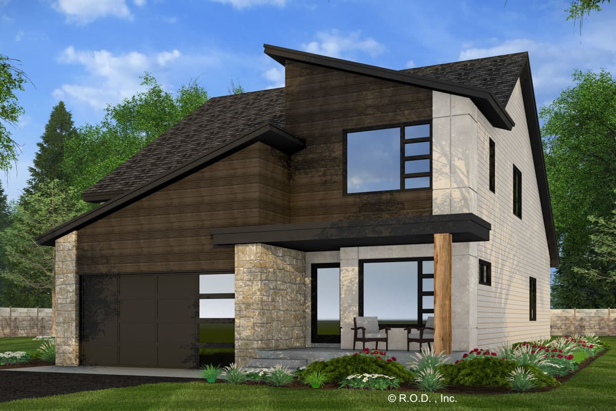 House plan exterior. Two-story modern house with a mix of wood and stone siding. Features include an attached garage and a covered front porch.