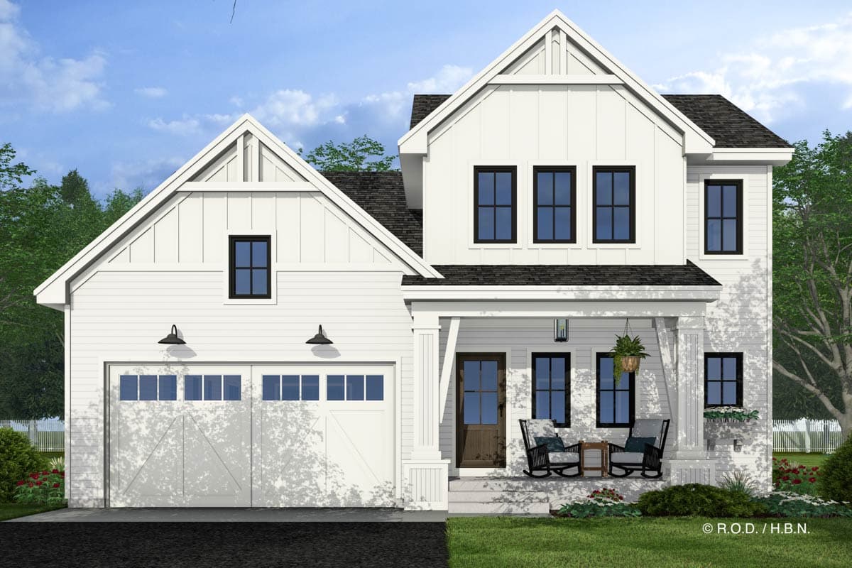 House plan exterior in a two-story Modern Farmhouse style with gabled rooflines, a front porch, and garage with carriage-style doors.