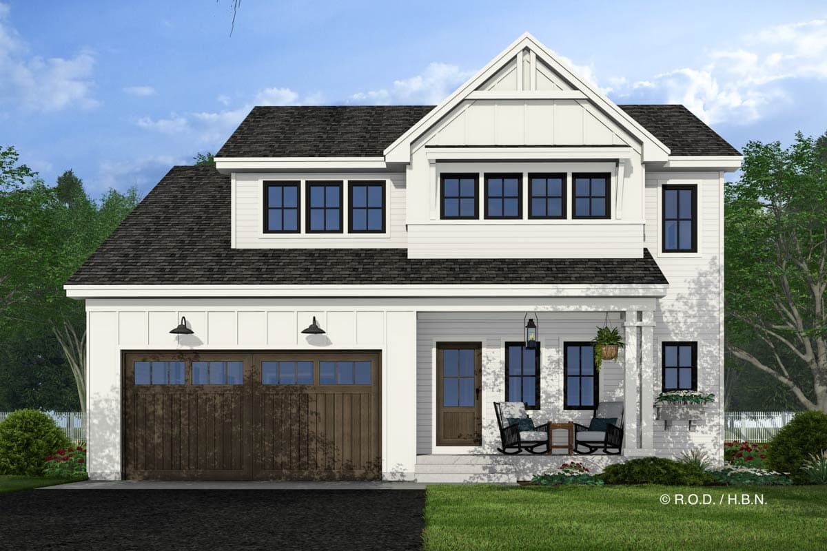 House plan exterior rendering. Two-story Modern Farmhouse with a front porch, gabled roof, and attached garage. Includes black window frames and trim.