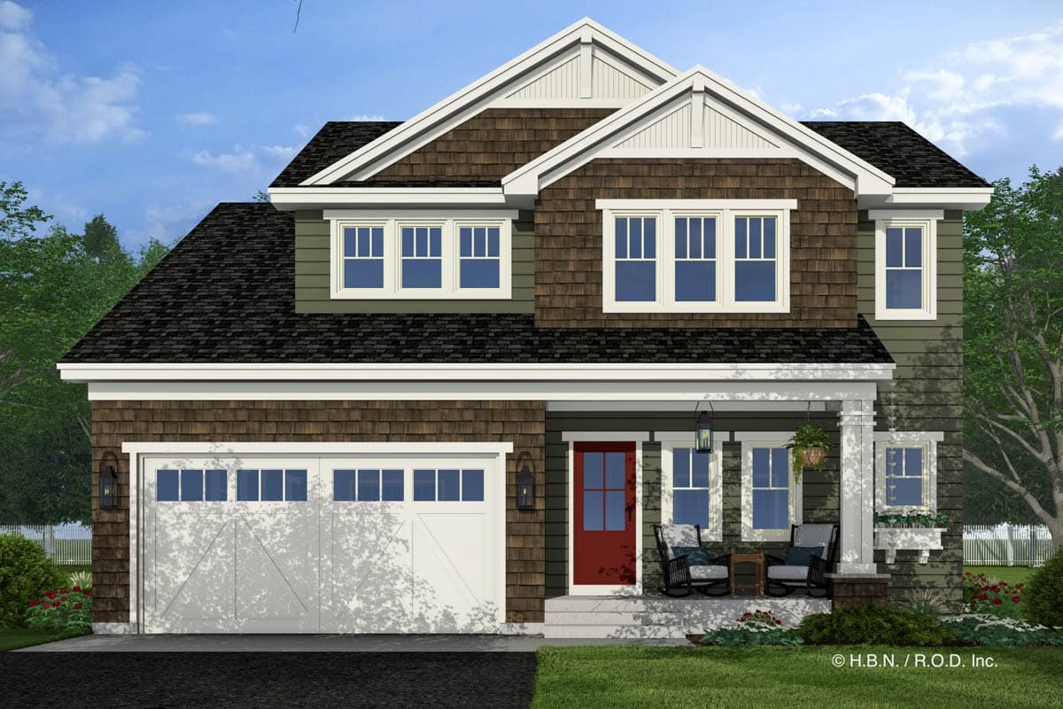 Two-story house plan exterior with shake siding, a front porch with columns, and a gable roof. Includes a two-car garage.