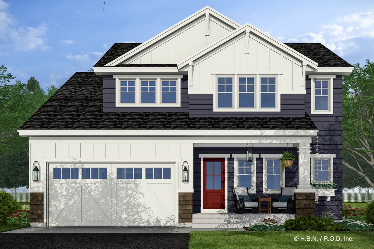 House plan exterior. Two-story Modern Farmhouse with gable roof, covered porch, and garage with paneled door and window array.