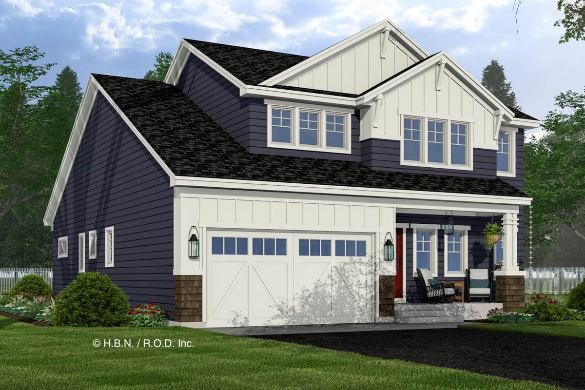 Two-story house plan exterior with dark blue siding, white board and batten trim, gables, and a covered front porch.