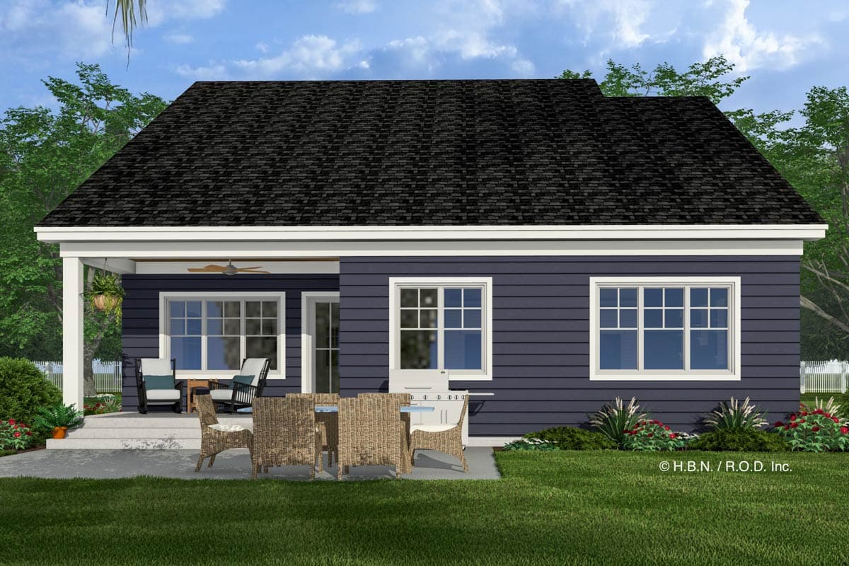 House plan exterior: single-story home with covered porch, dark siding, multiple windows, and a pitched roof.