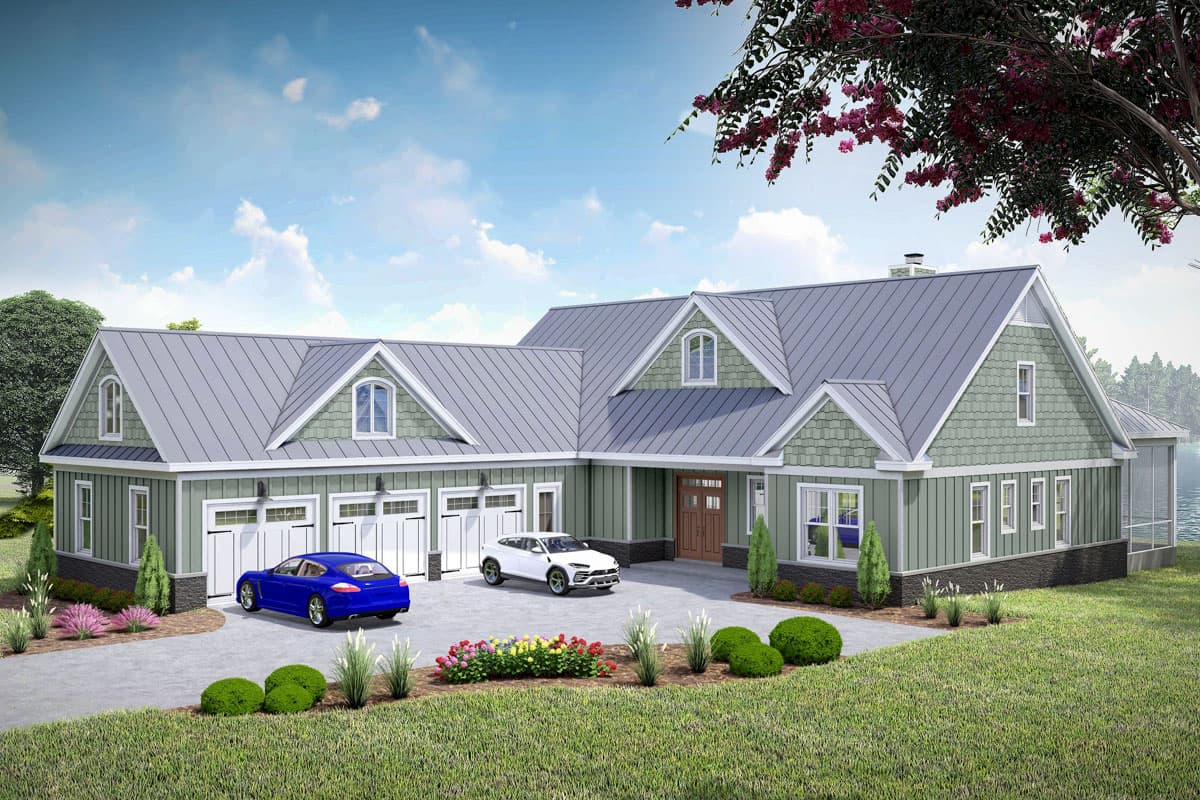 House plan exterior: One-story Modern Farmhouse with metal roof, dormers, three-car garage, and screened porch.