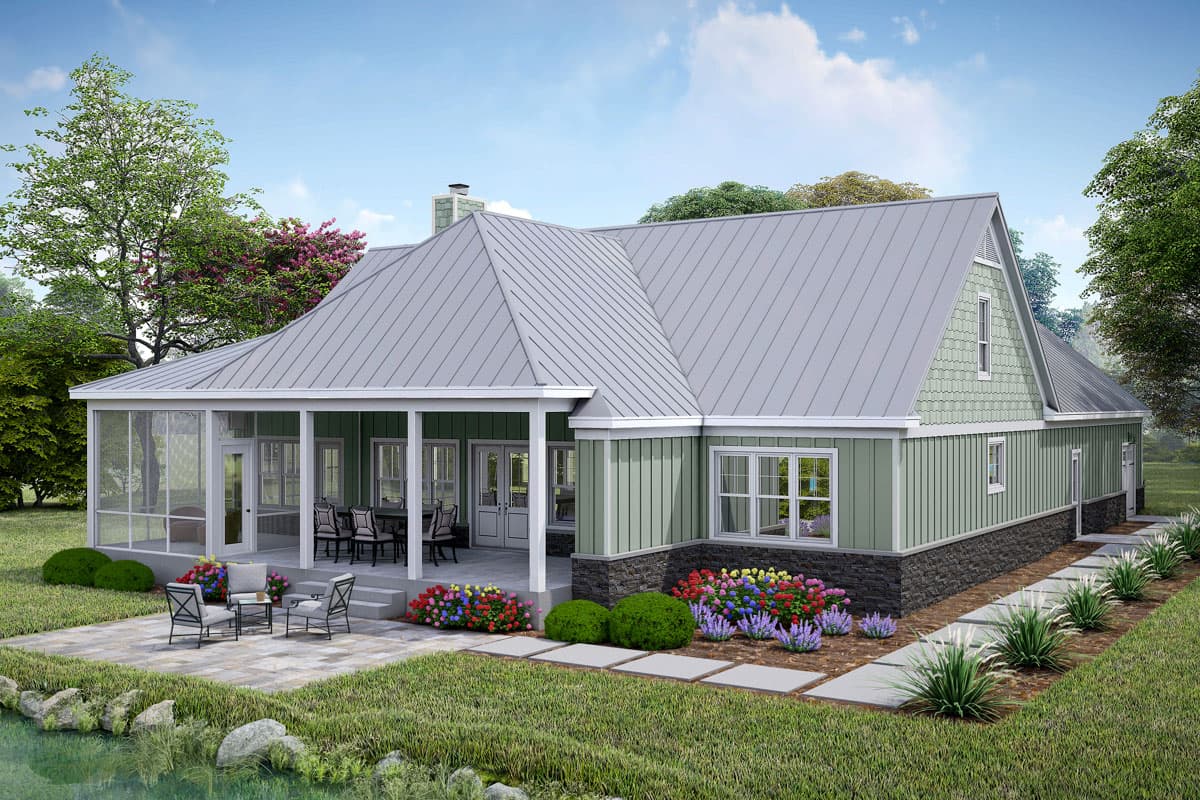 Modern Farmhouse house plan exterior with metal roof, covered porch, screened porch, and stone foundation.